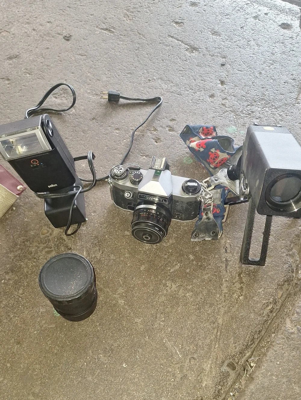 Vintage SLR Camera with Accessories - Silver and Black